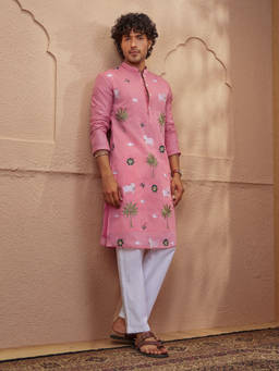 Vastramay - Pink Embroidered Chanderi Silk Regular Fit Kurta and Pyjama