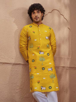 Vastramay - Yellow Embroidered Chanderi Silk Regular Fit Kurta