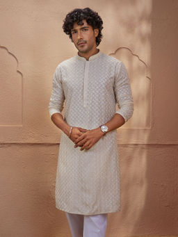 Vastramay - Beige Embroidered Cotton Blend Regular Fit Kurta
