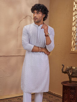 Vastramay - Grey Embroidered Cotton Blend Regular Fit Kurta