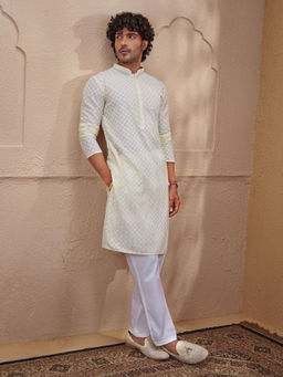 Vastramay - Yellow Embroidered Cotton Blend Regular Fit Kurta and Pyjama