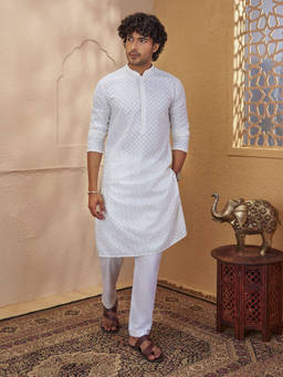 Vastramay - White Embroidered Cotton Blend Regular Fit Kurta and Pyjama