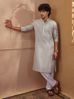Vastramay - Beige Embroidered Cotton Regular Fit Kurta and Pyjama