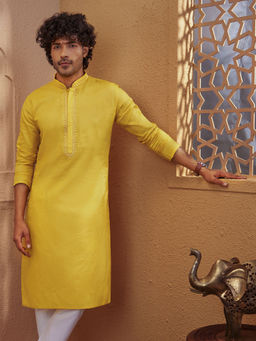 Vastramay - Yellow Embroidered Cotton Regular Fit Kurta