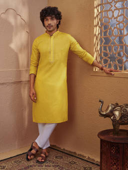 Vastramay - Yellow Embroidered Cotton Regular Fit Kurta and Pyjama