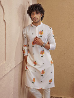 Vastramay - White Floral Silk Blend Regular Fit Kurta