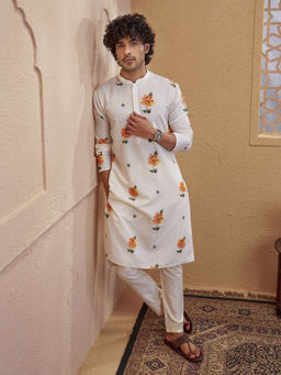 Vastramay - Yellow Floral Silk Blend Regular Fit Kurta and Pyjama