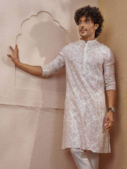 Vastramay - Cream Floral Cotton Silk Regular Fit Kurta