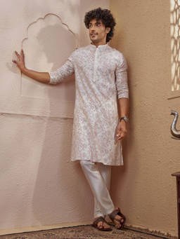 Vastramay - Cream Floral Cotton Silk Regular Fit Kurta and Pyjama