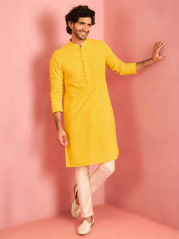 Vastramay - Yellow Embroidered Cotton Linen Regular Fit Kurta and Pyjama