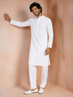 Vastramay - White Embroidered Cotton Regular Fit Kurta and Pyjama