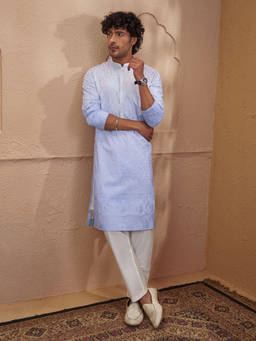 Vastramay - Aqua Embroidered Silk Blend Regular Fit Kurta and Pyjama