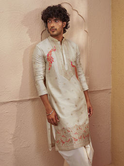 Vastramay - Beige Embroidered Silk Blend Regular Fit Kurta