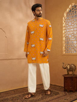 Vastramay - Mustard Printed Rayon Regular Fit Kurta and Pant