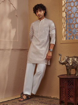 Vastramay - Beige Embroidered Cotton Linen Regular Fit Kurta and Pant