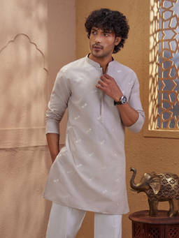 Vastramay - Beige Embroidered Cotton Linen Regular Fit Kurta