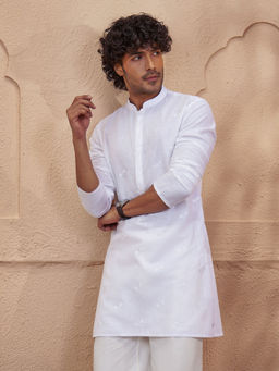Vastramay - White Embroidered Cotton Linen Regular Fit Kurta