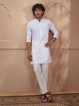 Vastramay - White Embroidered Cotton Linen Regular Fit Kurta and Pyjama