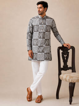 Vastramay - Grey Printed Cotton Regular Fit Kurta and Pyjama