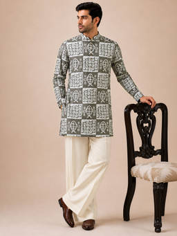 Vastramay - Grey Printed Cotton Regular Fit Kurta and Pant