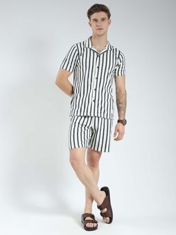 Monte Carlo - Men'S Off White Striped Collar Neck Bermuda (Set of 2)