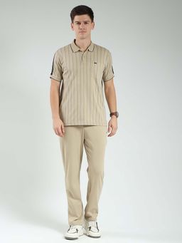 Monte Carlo - Men'S Beige Striped Collar Neck Co Ord (Set of 2)