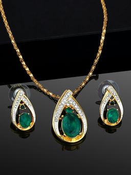 Estele - Gold & Rhodium Plated Drop Shaped Pendant Jewellery Set With Green Stones For Women