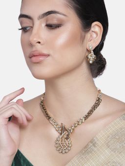 Estele - Gold Plated Traditional Antique Kundan Paisley Fern Necklace Set For Women