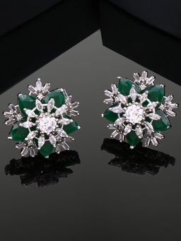 Estele - Rhodium Plated Cz Flower Designer Stud Earrings With Green Stones For Girls/Women