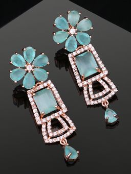 Estele - Rose Gold Plated Cz Glimmering Earrings With Sea Blue Stones For Girls/Women