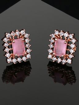 Estele - Rose Gold Plated Cz Square Designer Stud Earrings With Mint Pink Stones For Women