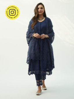 Roze - Mahjabeen Oxford Blue Kurta (Set of 3)