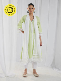 Roze - Fiona Green Kurta and Pant with Dupatta (Set of 3)