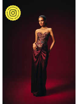 Roze - Amara Wine Embroidered Corset Top with Skirt