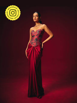 Roze - Zyra Red Embroidered Corset Top with Skirt