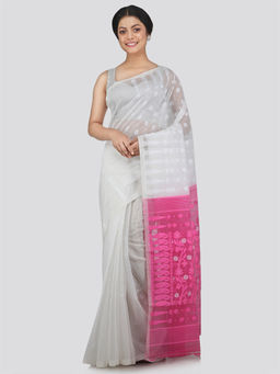 PinkLoom - Womens Soft Cotton Blend Jamdani Saree without Blouse -White