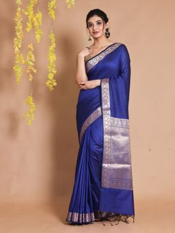 CHARUKRITI - Blue Silk Handwoven Zari Floral Designs & Chevron Pallu Saree with Unstitched Blouse