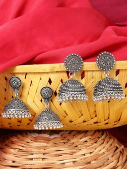 Yellow Chimes - Combo 2 Pairs Oxidised Silver Plated Handcrafted Jhumka Earrings