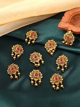 Yellow Chimes - Gold-Plated 9 pcs Pink Stone-Studded Choti Jadai Billai Bridal Hair Accessories