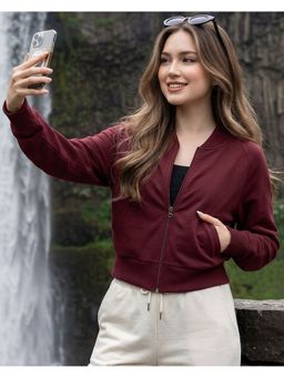 Bewakoof - Women Tawny Port Maroon Crop Zipper Sweatshirt