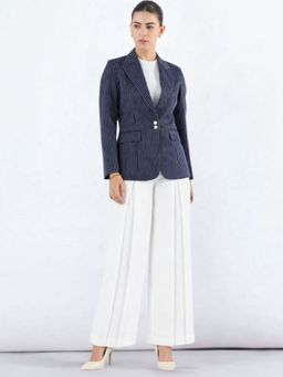 Powersutra - Navy Blue Women Striped Single-Breasted Blazer
