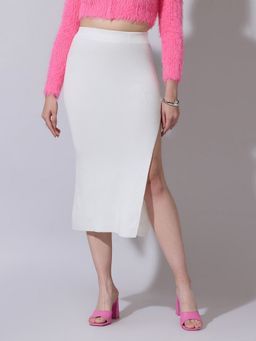 SHOWOFF - Women Ribbed Off White Side Slit Skirt