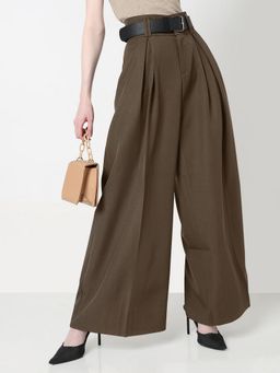 SHOWOFF - Women Pleated Brown High-Waist Flared Leg Pant with Belt