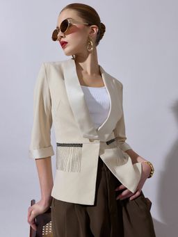 SHOWOFFFF - Women Cream Fringe Pocket Detailing Blazer