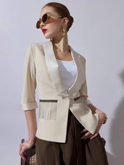 Women Cream Fringe Pocket Detailing Blazer