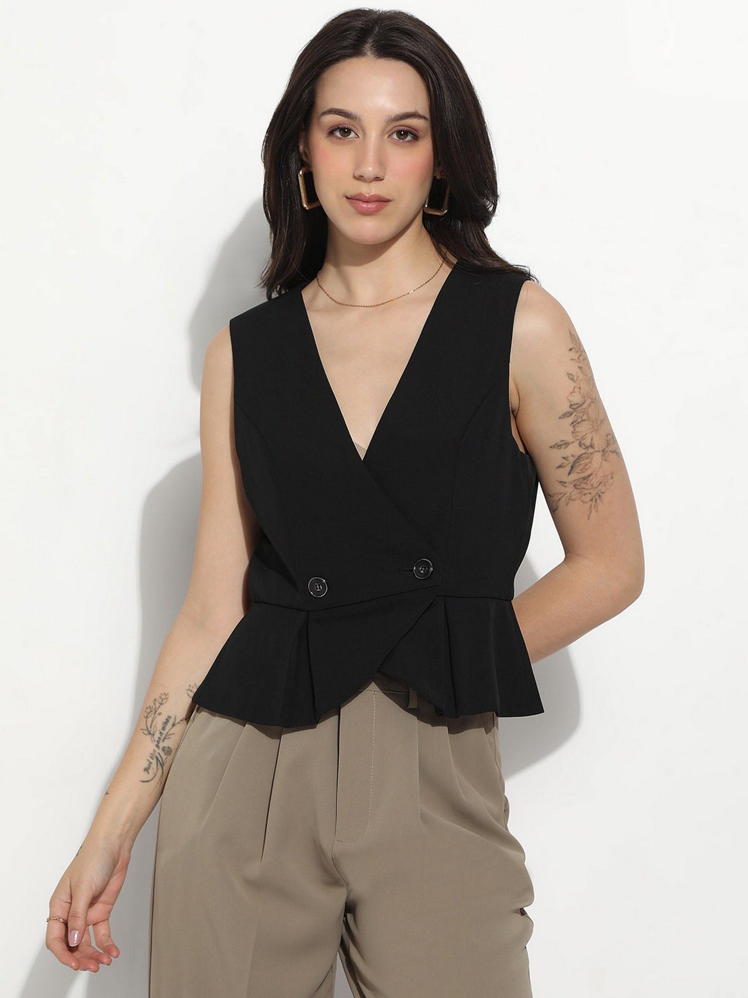 Women Black Tailored Fit Vest Double Breasted Blazer-image-3
