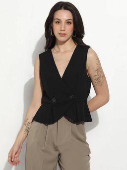 SHOWOFF - Women Black Tailored Fit Vest Double Breasted Blazer