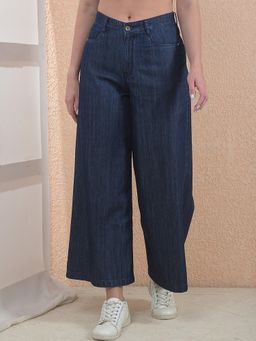 CRIMSOUNE CLUB - Women Wide Leg Pure Cotton Navy Blue Jeans