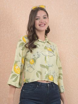 CRIMSOUNE CLUB - Women Floral Printed Linen Green Crop Shirt with Extended Sleeves