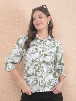 CRIMSOUNE CLUB - Women Printed Linen Green Shirt